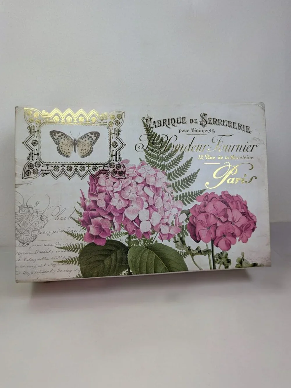 Paris Locksmith Storage Box Pink Hydrangea Gold Metallic Floral Art Large